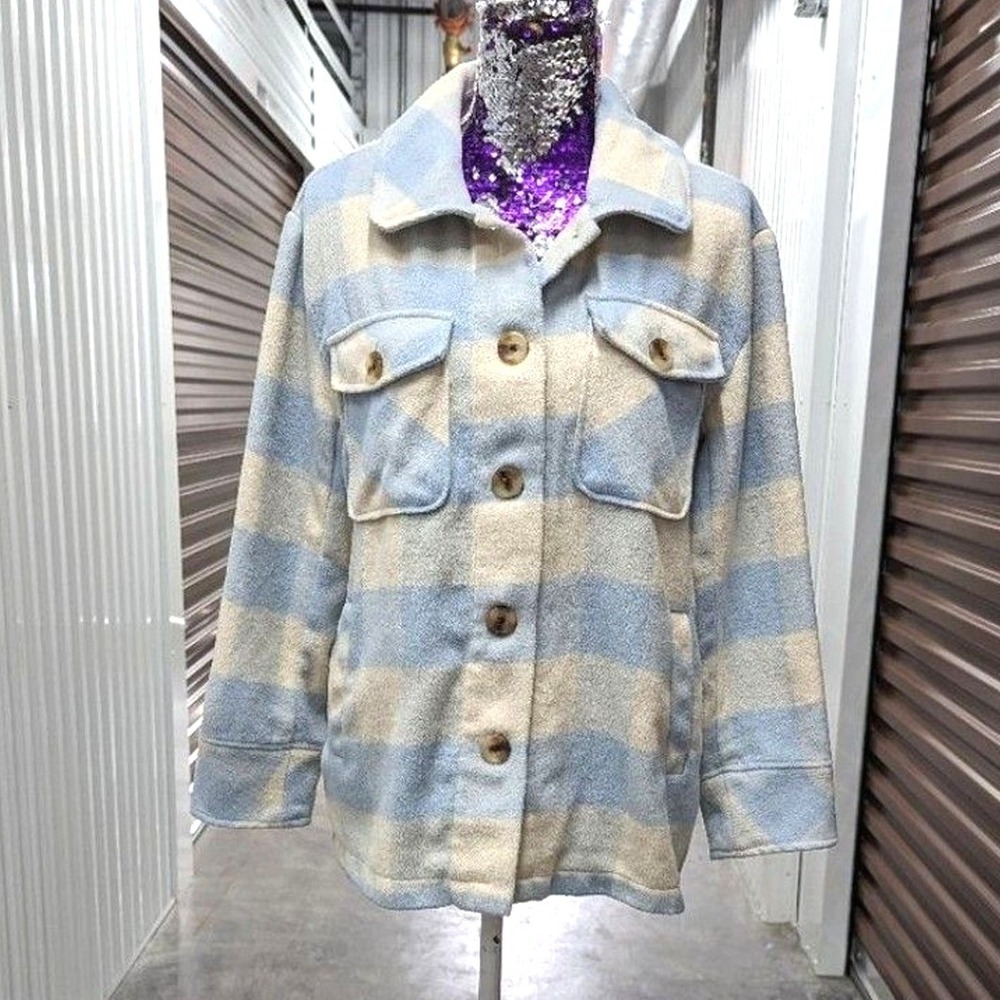 Coastal Cottagecore Kensie Plaid Shacket Jacket Blue Cream Boho Size Small